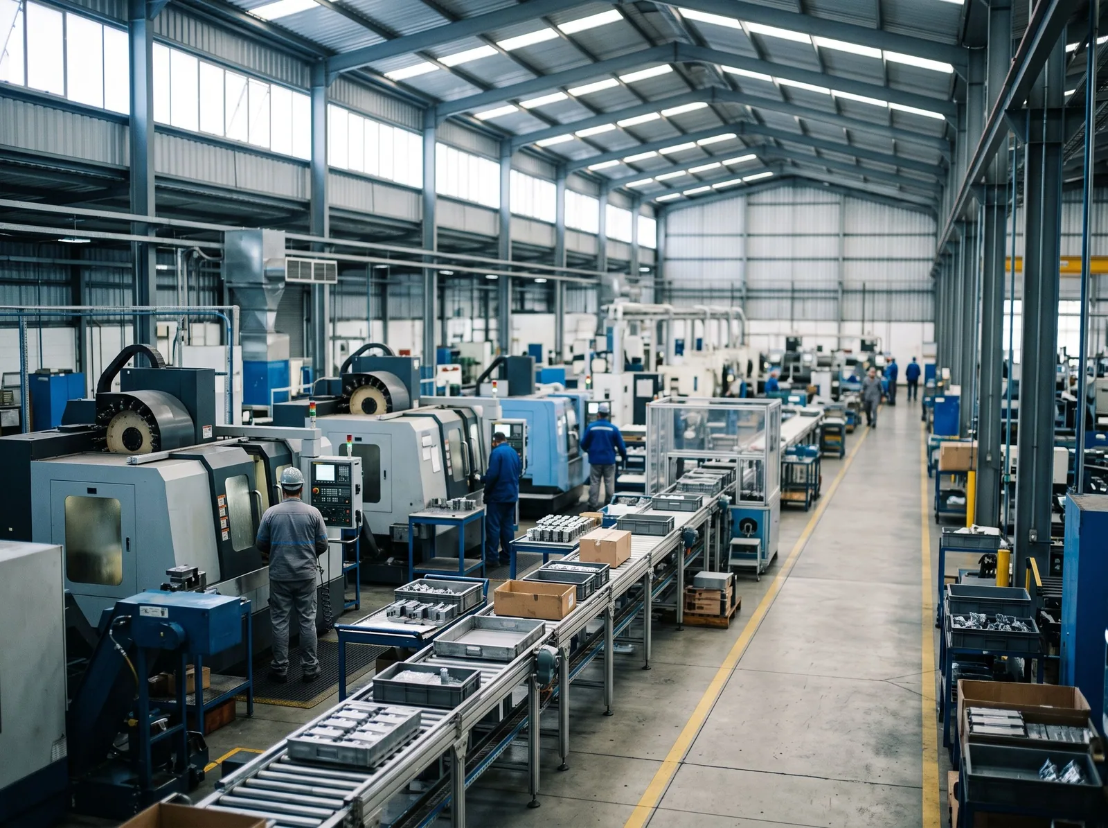 Interior de uma planta industrial moderna com máquinas CNC e linhas de produção.